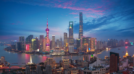 Aerial photography at Shanghai bund Skyline of dusk - obrazy, fototapety, plakaty