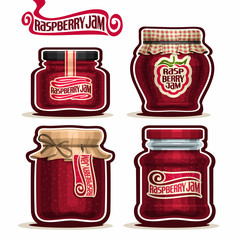 Vector logo Raspberry Jam in glass Jars with paper cover, red Pot home made raspberry jams, twine rope bow, homemade fruit jam jar, berry jelly pot with label, checkered cloth cap, isolated on white.
