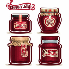 Vector logo Cherry Jam in glass Jars with paper lid cover, red Pot home made cherry berry jams, twine rope bow, homemade fruit jam jar, jelly pot with label, checkered cloth cap, isolated on white.