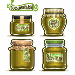 Vector logo Gooseberry Jam in glass Jars with paper lid, green Pot home made gooseberry jams, twine rope bow, homemade fruit jam jar, berry jelly pot with label, checkered cloth cap isolated on white.