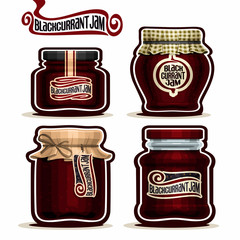 Vector logo Blackcurrant Jam in glass Jars with paper lid, Black Currant Pot home made blackcurrant berry jams, homemade black currant fruit jam jar, pot label, checkered cloth cap, isolated on white.
