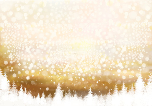 Vector golden Christmas background with forest border.