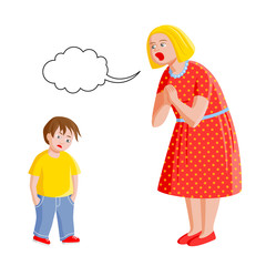 Mother scolds her son. Angry blond woman in red dress with polka dot pattern and little sad boy in jeans and yellow t-short. Vector illustration, isolated on white