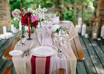 Festive table layout. Wedding decor. Table layout in style classic.