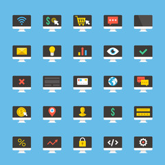 Fototapeta premium Computer screens, desktop computer icons set. Business, internet technology, banking, ecommerce, shopping concepts signs and symbols collection. Flat design vector icons