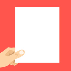 Hand holding blank paper. White sheet. Modern vector illustration