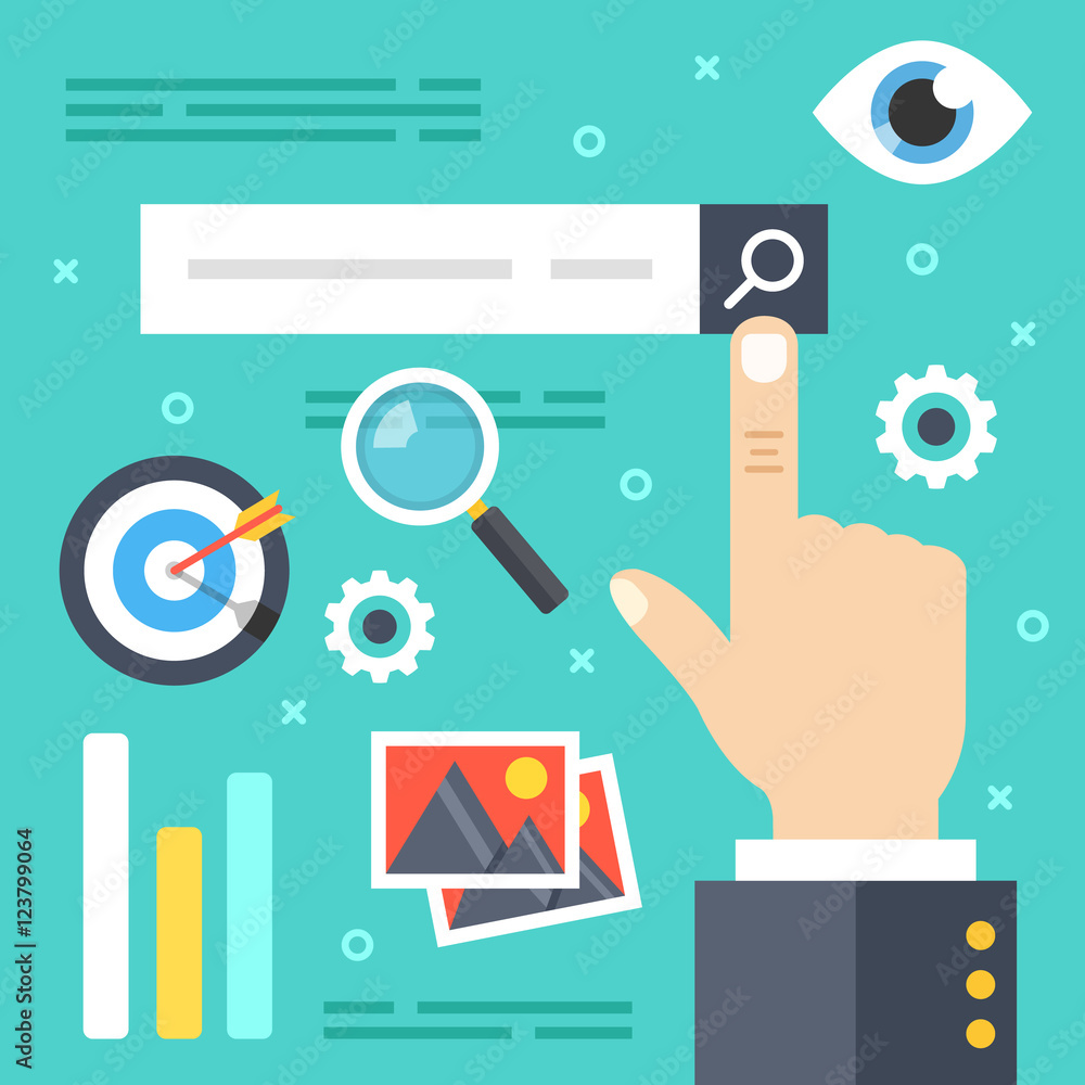 Poster internet search. finger touching search button with magnifying glass, searching engine icons, elemen
