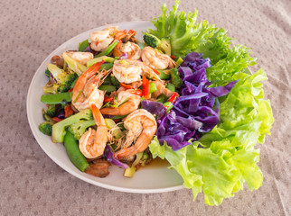 shrimps  fried with Vegetables. broccoli and peas. Thailand food.
