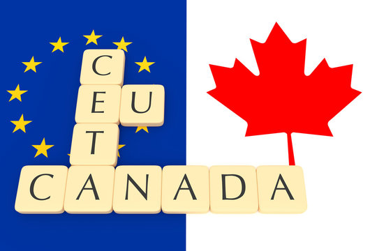 Letter Tiles: CETA, EU, Canada With Canadian And EU Flag, 3d illustration