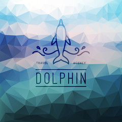 travel agency logo on polygon seascape background, dolphin