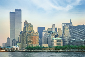 New York City skyline from New Jersey with World Trade Center featured as landmark of the Twin Towers. Lower Manhattan in NYC, United States. - obrazy, fototapety, plakaty