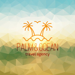 Fototapeta na wymiar travel agency logo on polygon seascape background, palms on island and wave