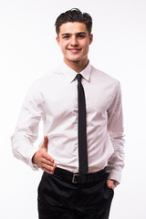 Happy smiling businessman giving hand for an handshake isolated on white background