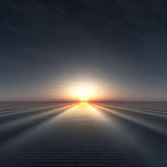 Sun on Horizon over rippled water.