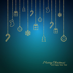 Fototapeta na wymiar Flat Christmas greeting card with gold baubles. Blue background