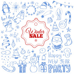 Winter sale poster with Christmas doodles. Vector illustration.