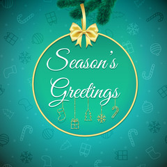 Seasons greetings. Holiday background. Xmas greeting card with bauble. Poster.