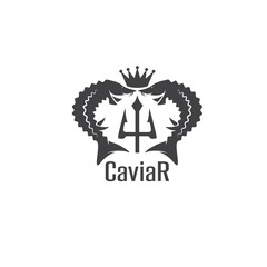 caviar vector emblem with sturgeons , crown and trident