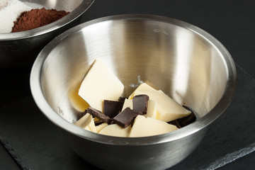 Cooking Process Of Brownies. Ingredients In Bowl.