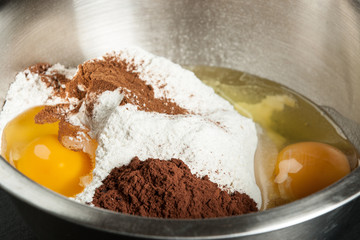 Cooking Process Of Brownies. Ingredients In Bowl.