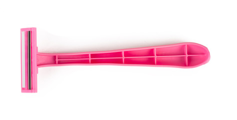 Pink disposable razor. On white, isolated background. Top view. Flat lay.