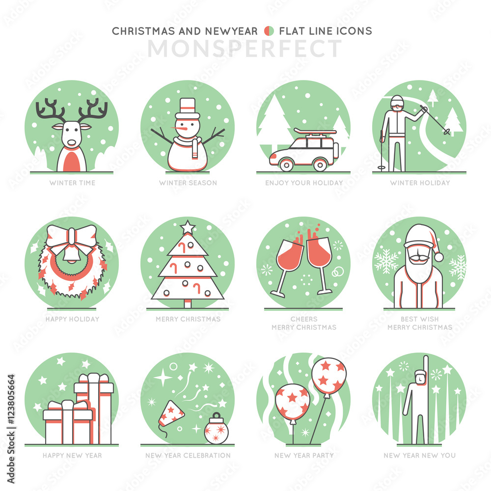 Poster infographic icons elements about christmas and new year. flat thin line icons set pictogram for webs