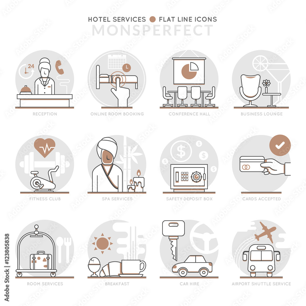 Poster infographic icons elements about hotel services. flat thin line icons set pictogram for website and 