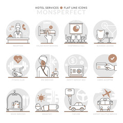 Infographic Icons Elements about Hotel Services. Flat Thin Line Icons Set Pictogram for Website and Mobile Application Graphics.