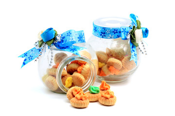 Meringue Button Cookies in the bottle with blue ribbon for gift