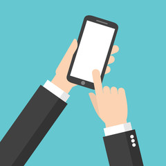 Businessman hand with smart phone. application service. holding mobile phone. using online with device. vector for business, marketing, info graphic, banner, website advertising concept illustration