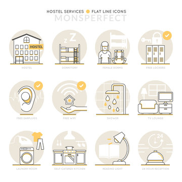 Infographic Icons Elements about Hostel Services. Flat Thin Line Icons Set Pictogram for Website and Mobile Application Graphics.