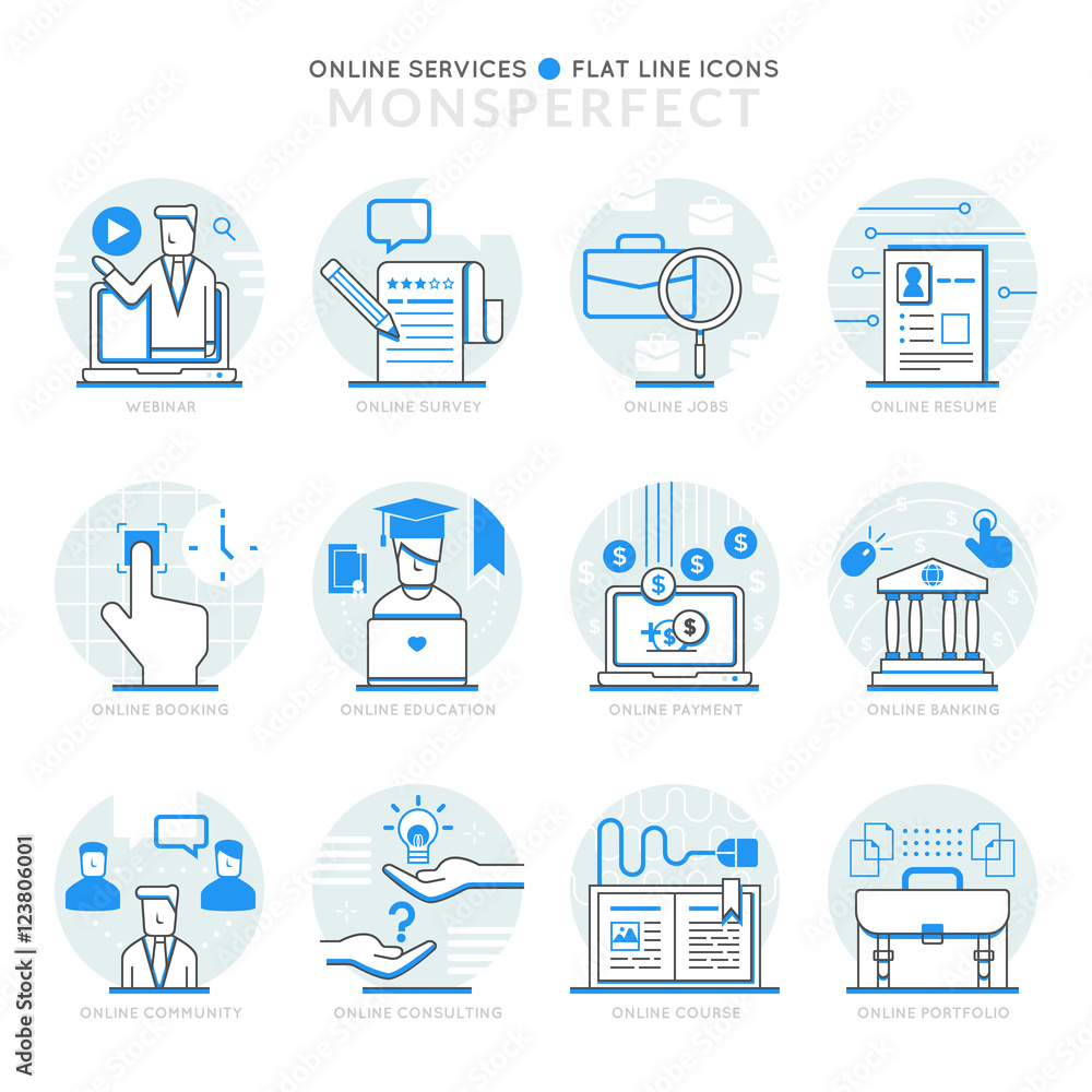 Poster infographic icons elements about online services. flat thin line icons set pictogram for website and