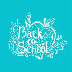 Hand drawing greeting card "Back to School" with apple,leaf,penc