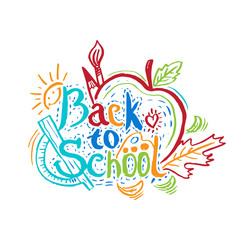 Hand drawing greeting card "Back to School" with apple,leaf,penc