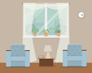 Living room in beige color. Vector flat illustration. There is a two blue armchairs, a window, a lamp and other objects in the picture. There are pots with flowers on a windowsill