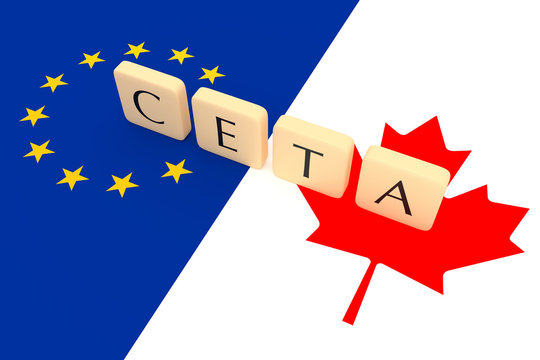 Letter Tiles: CETA between Canada and the European Union with Canadian and EU flag, 3d illustration