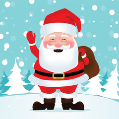 Santa Claus wears a red dress bearing gift bags and waving for Christmas. Vector illustration