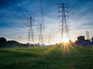High voltage post or High voltage tower in green field at Butterworth, Penang, Malaysia