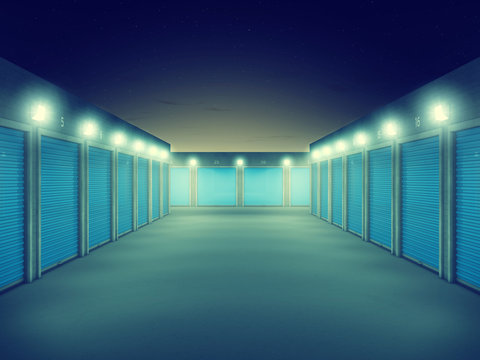 Outdoors storage units at night , Self storage facility