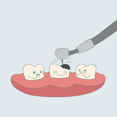 Teeth treatment and care. Illustrations for children dentistry and kids about toothache, care and treatment.
