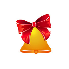 Realistic golden bell with red bow