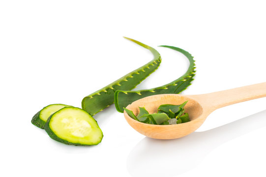 Herbal set. Pods aloe, aloe slices in a wooden spoon, a plate of cucumber. On white, isolated background.