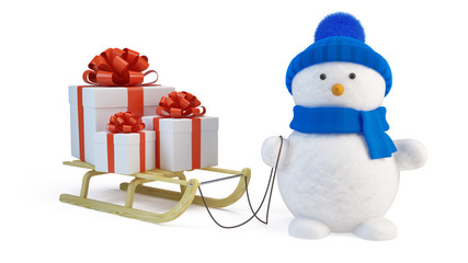 Snowman and sledge with gifts. 3d render