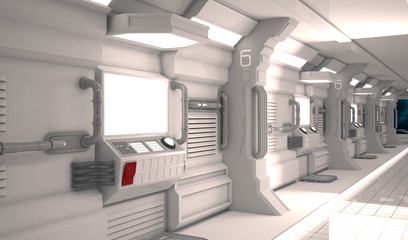 Futuristic design spaceship interior with metal floor and light panels.