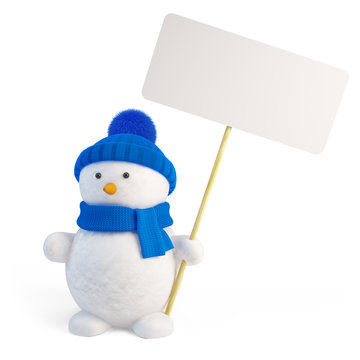 Snowman with blank sign. 3d render