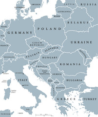 Central Europe countries political map with national borders. Gray illustration with English labeling and scaling on white background.
