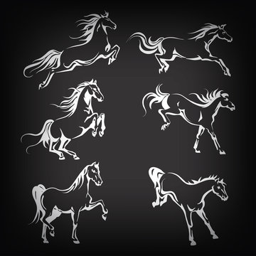 Set with hand-drawing graphic of a running horses