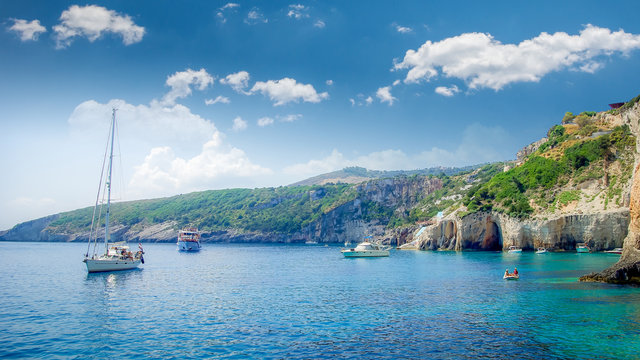Blue caves on Zakynthos island, Greece. Famous blue caves view on Zante - Powered by Adobe