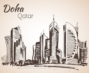 Doha, Qatar city view sketch.
