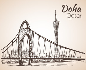 Doha, Qatar city view sketch.